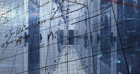 Abstract math overlay on urban financial district skyline