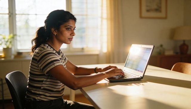 Indian woman typing on laptop in sunlit home workspace focusing on remote work tasks