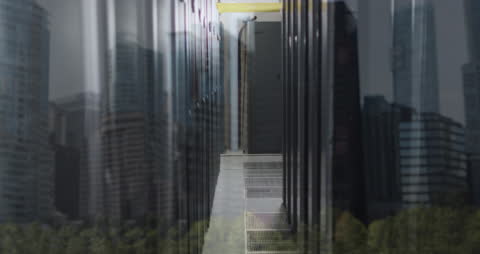 Futuristic Server Room Overlays Urban Cityscape