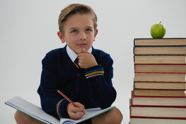 Thoughtful schoolboy doing his homework while sitting beside books stack
