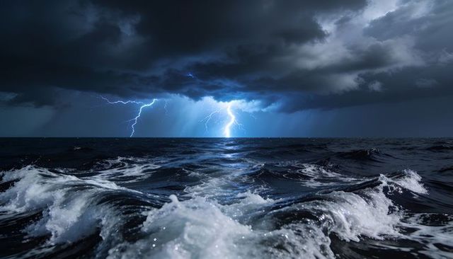 Dramatic night ocean storm with lightning strikes, churning waves and foamy spray