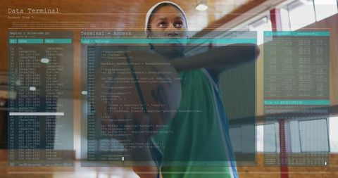 Athlete in Sports Hall with Transparent Tech Overlays