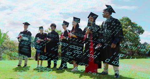 Graduating students celebrating stem achievement with binary data overlay