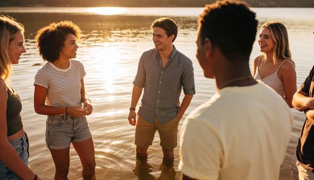 Young friends chatting in shallow lake at golden hour, summer casual lifestyle