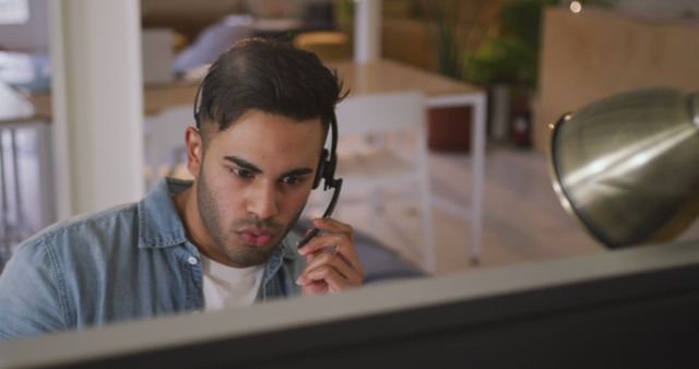 Hispanic male creative using computer talking with phone headset at casual office, copy space - Download Free Stock Photos Pikwizard.com