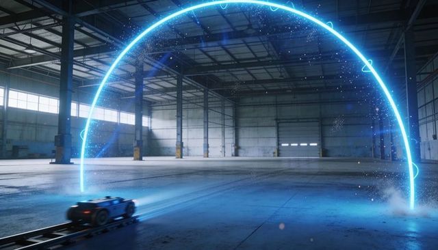 Futuristic dolly vehicle rolling through neon-blue energy arc inside industrial warehouse