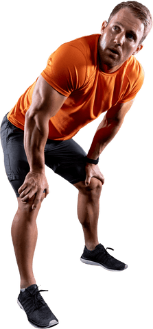 Muscular Man in Orange Shirt Recuperating After Workout Transparent
