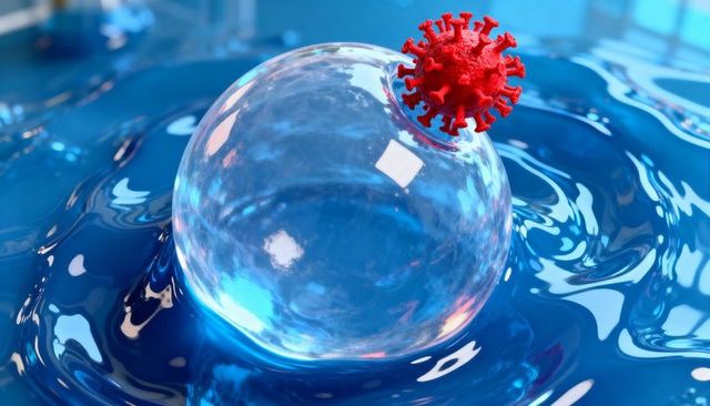 Glass bubble with red virus particle resting on glossy blue liquid 3d render