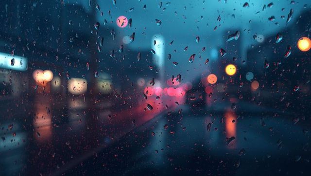 Raindrops refracting neon city lights, blurred taillights creating moody night bokeh