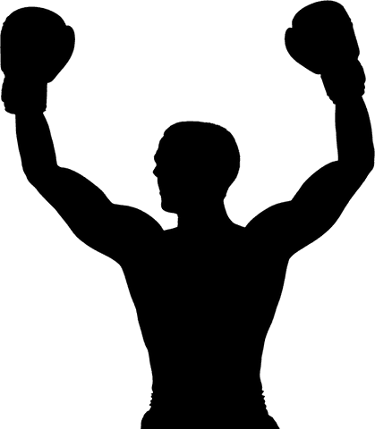 Silhouette of boxer with raised gloves on transparent background