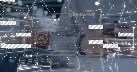 Businessman scrolling smartphone with holographic data visualization and network overlay