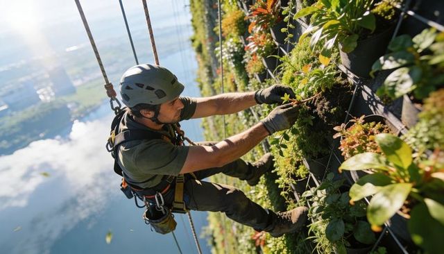 Rope access technician pruning vertical green wall on cliff-face facade with harness