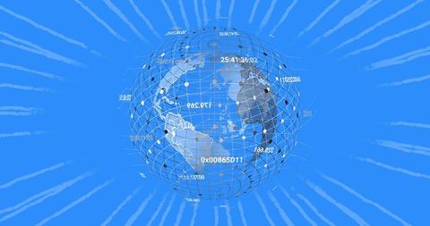 Translucent wireframe globe connecting global data nodes and hex labels on blue background