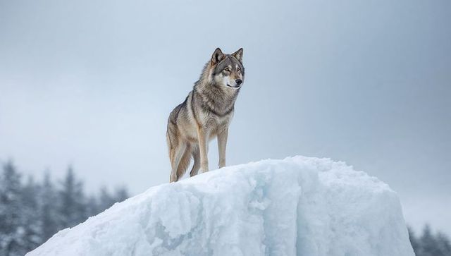 Standing gray wolf surveying snowy ice ridge with distant conifer forest and overcast sky