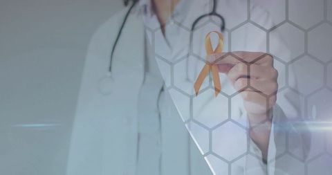 Doctor Holding Gold Ribbon in Medical Innovation Environment