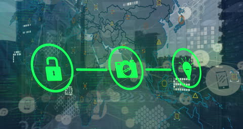 Futuristic Digital Network with Security Icons and World Map Overlay