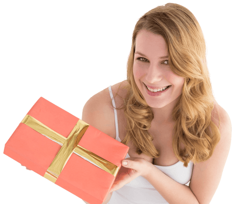 Smiling Woman with Transparent Gift Wrapping