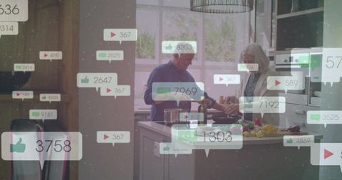 Silver-haired couple cooking together with social media engagement overlays