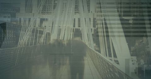 blurred figures crossing bridge with data overlay - Download Free Stock Images Pikwizard.com