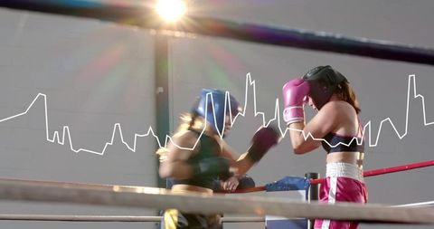 Female boxer landing punch during sparring, ecg heartbeat overlay, lens flare intensity