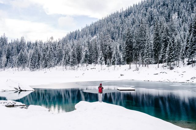 Person standing on snowy ground near frozen lake surrounded by snow covered pine trees and mountains. Ideal for use in travel advertisements, winter holiday promotions, adventure and exploration themes, or nature conservation content.