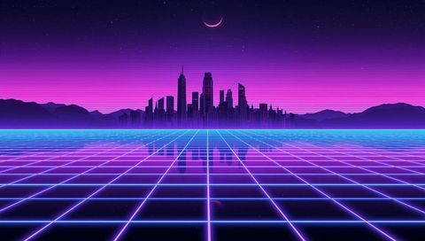 Glowing neon city skyline reflecting on retro grid with crescent moon and mountains
