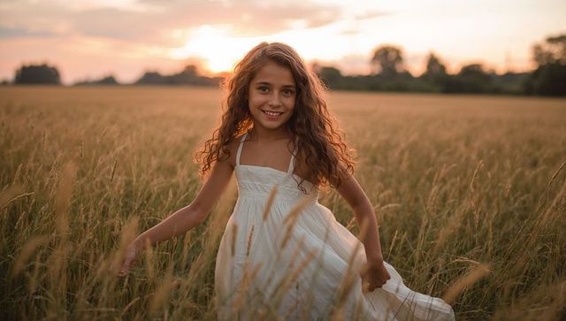 Smiling girl twirling while holding white sundress in sunlit wheat field at golden hour