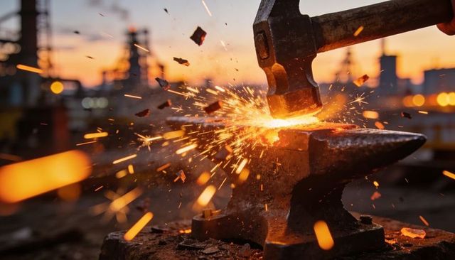 Hammering glowing hot steel on anvil at dusk, dramatic sparks and molten fragments