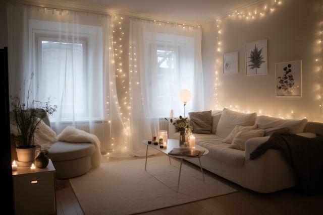Living room decorated with strings of fairy lights, created using generative ai technology - Download Free Stock Photos Pikwizard.com