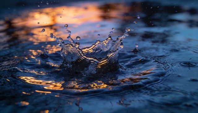 Crown-shaped water splash sending ripples with golden dusk reflections