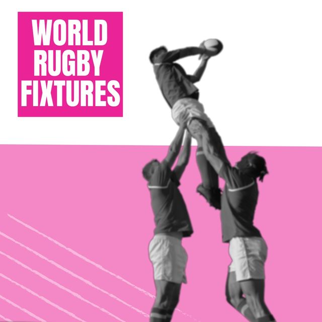 Image features rugby players in intense lineout competition. The graphic has elements that highlight world rugby fixtures, providing a perfect backdrop for sports marketing campaigns, advertisements for rugby events, and promotional content related to international rugby matches and tournaments