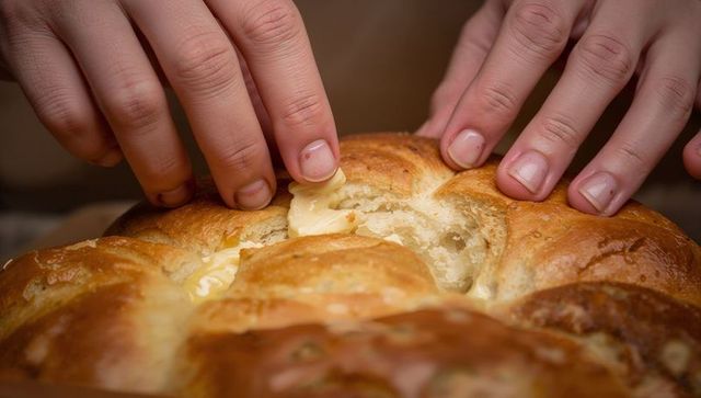Hands tearing glossy braided loaf with melted butter, closeup of golden crust and crumbs