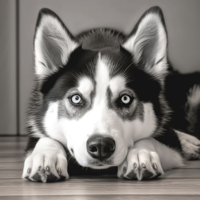 Husky dog with striking blue eyes lying on floor, head resting between paws. Perfect for pet advertisements, animal care articles, social media content, or any publications requiring images of adorable pets or stunning canine features.
