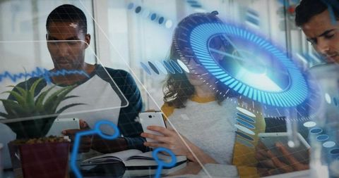 Coworking team using smartphones and tablet with augmented reality HUD for collaboration
