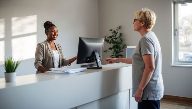 Friendly receptionist assisting visitor at modern clinic front desk during check-in