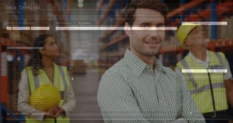 Warehouse Manager Supervising Fulfillment Team with Cyber Code Overlay