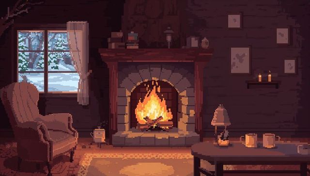 Pixel-art cozy cabin interior with crackling fireplace, snowy window view and hot mugs