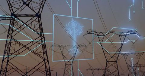 Transmission towers at dusk with neon circuit overlay for smart grid and energy tech
