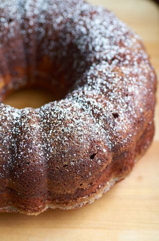 Homemade bundt cake with powdered sugar topping