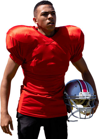 Confident young african american athlete holding helmet transparent