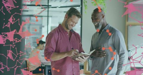 Two Men Collaborating in Modern Office with Digital Network Overlay