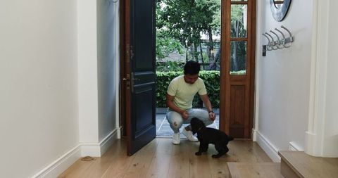 Man welcoming black puppy at home entryway
