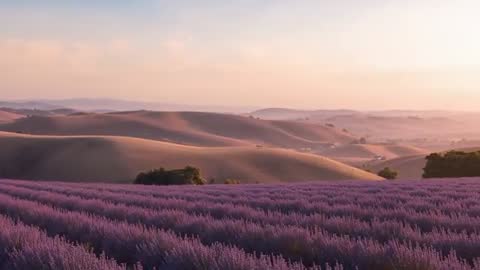 Lavender Fields and Rolling Hills at Sunrise with Tranquil Countryside Scenery