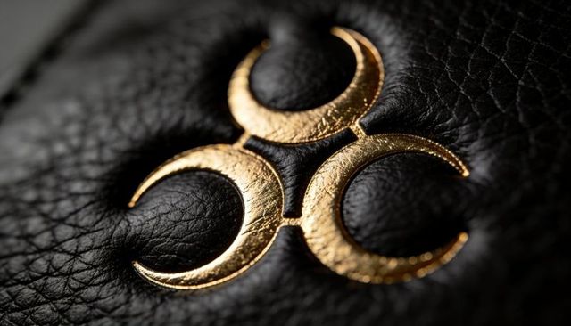 Gold trefoil emblem nesting in black pebbled leather macro textured luxury detail