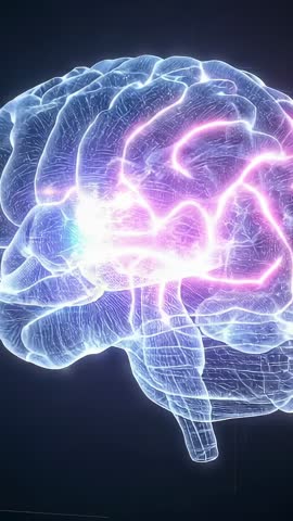 Vertical video pulsing 3D brain mesh with glowing neural network for AI and neuroscience