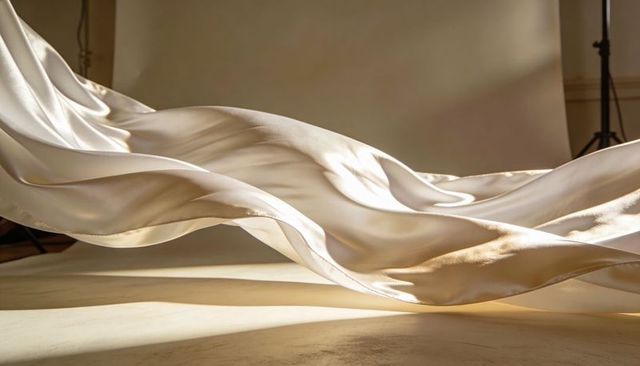 Floating ivory satin drapery forming smooth ribbons with soft studio lighting and sheen
