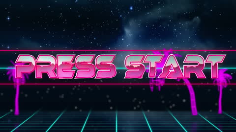 Retro Gaming Press Start Screen with Neon Grid and Space Background