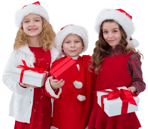 Cheerful Children in Santa Hats Holding Christmas Gifts on Transparent Background