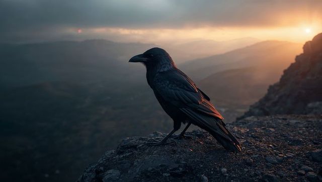 Majestic Raven Perching on Scenic Cliff at Sunset
