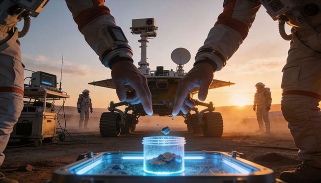 Astronauts collecting glowing extraterrestrial sample at sunset with rover and high-tech gear